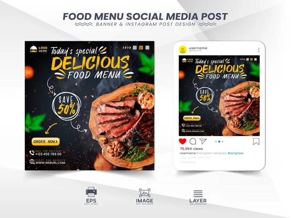 Especial Delicious Food Menu Social Media Banner Instagram Template Facebook — Vetor de Stock