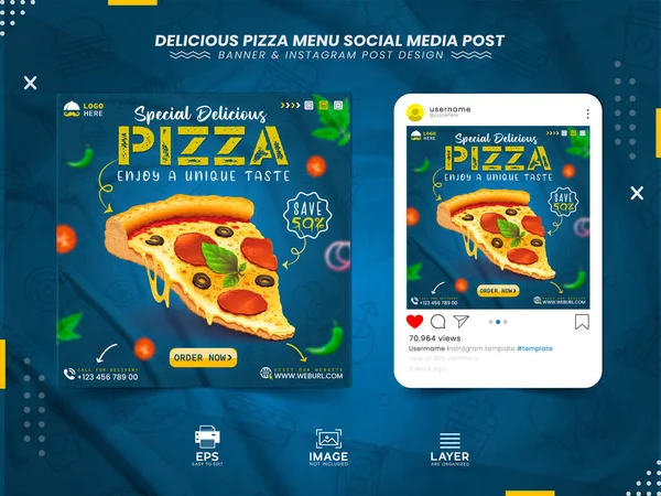 Özel lezzetli pizza sosyal medya postası. Lezzetli pizza sosyal medya afişi şablonu