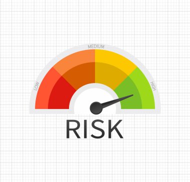 Hız göstergesinde risk simgesi. Prodüksiyon Risk Ölçeği Vektörü.