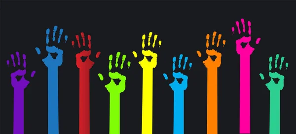 Arco Íris Levantado Mão Fundo Preto Multicolor Criança Mão Levantada — Vetor de Stock