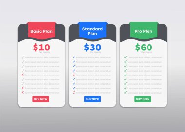 Temiz bilgi fiyatlandırma planı. Web ve mobil arayüz için asgari fiyatlandırma planı karşılaştırma grafiği