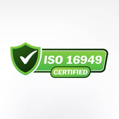 ISO 16949 sertifikalı rozet, ikon. Sertifika damgası. Düz tasarım vektör çizimi
