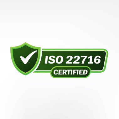 ISO 22716 sertifikalı rozet, ikon. Sertifika damgası. Düz tasarım vektör çizimi