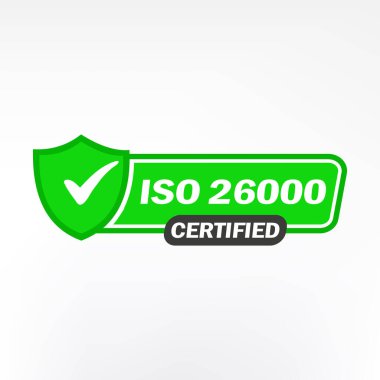 ISO 26000 sertifikalı rozet, ikon. Sertifika damgası. Düz tasarım vektör çizimi
