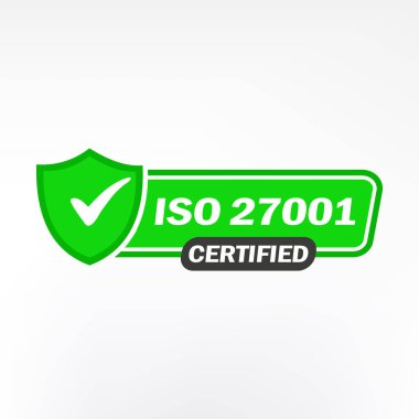 ISO 27001 sertifikalı rozet, ikon. Sertifika damgası. Düz tasarım vektör çizimi