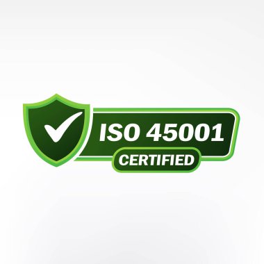 ISO 45001 sertifikalı rozet, ikon. Sertifika damgası. Düz tasarım vektör çizimi