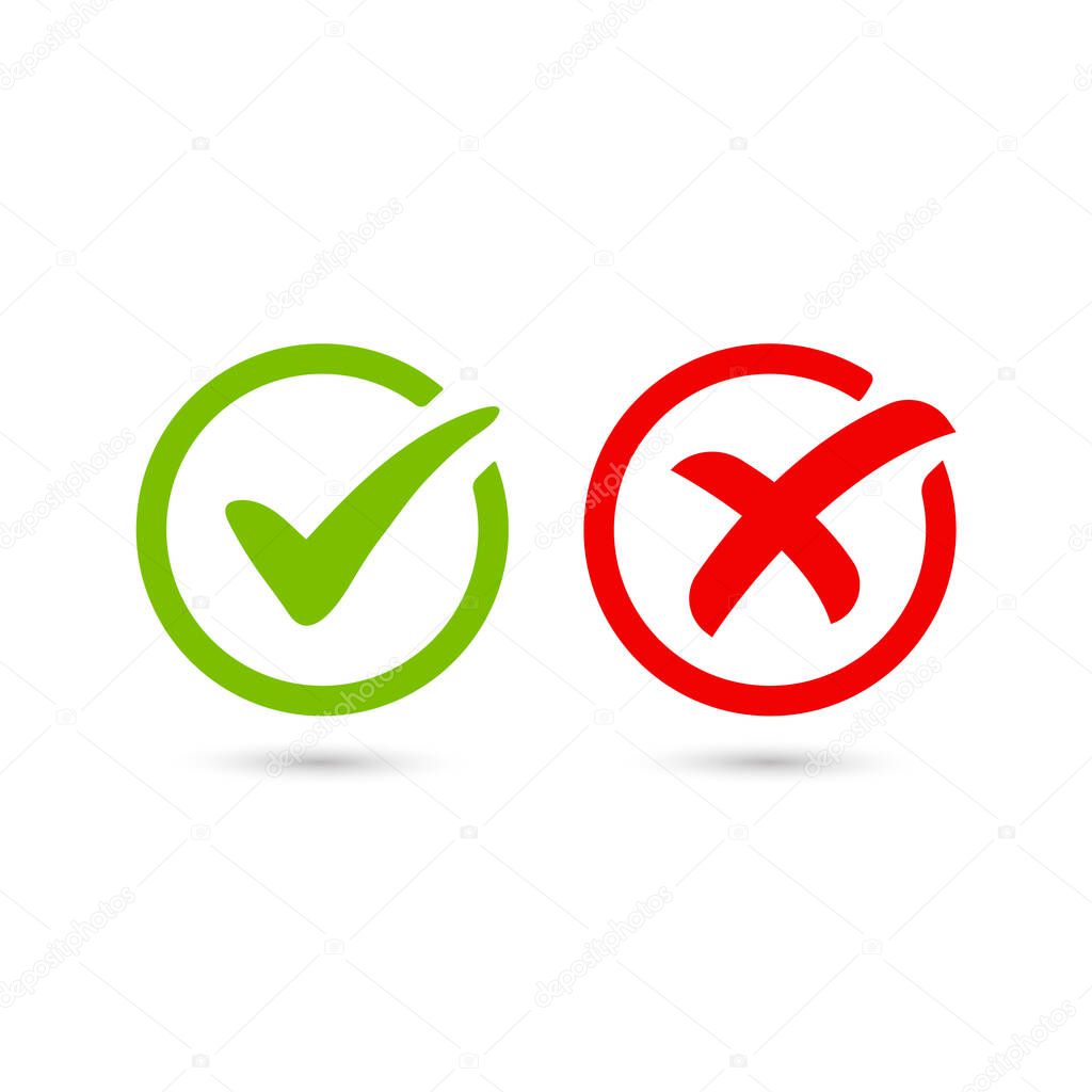 Green tick symbol and red cross sign in circle. Green checkmark and red X icons, isolated on white background