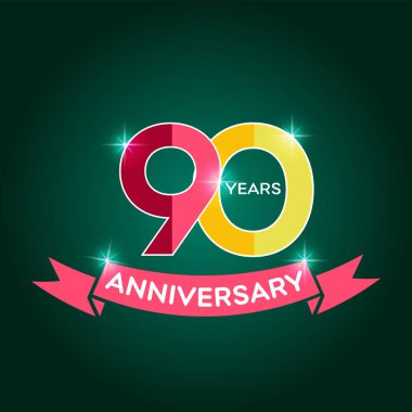 90th years anniversary logo with red ribbon icon, flat 3rd year birthday party sign. clipart