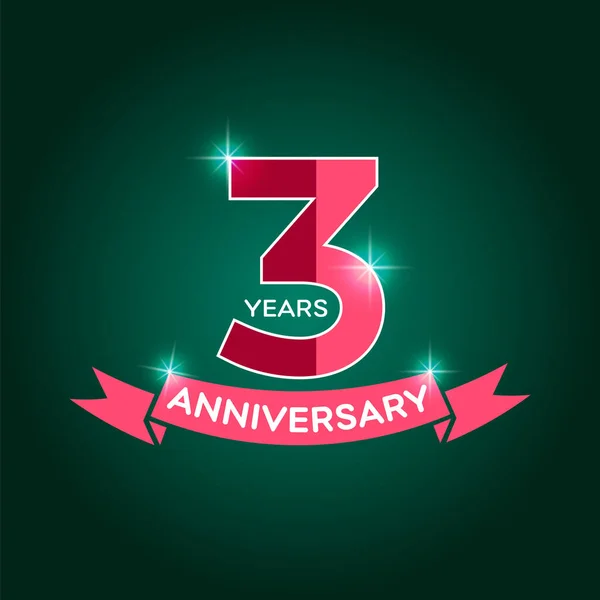 3Rd Years Anniversary Logo Red Ribbon Icon Flat 3Rd Year — Stock Vector