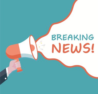 Flaş haber, erkek eli megafonu tutuyor. Hoparlör. İş, pazarlama ve reklam afişi. Vektör illüstrasyonu