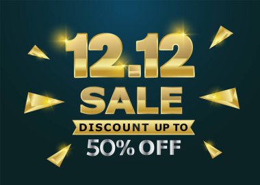 12.12 Alışveriş Festivali afişi. Koyu arkaplanda altın unsurlar var. Mega anlaşmalar yıl sonu büyük satış mega satış afişi. 1212 indirimli indirim günü alışveriş festivali afiş arkaplanı