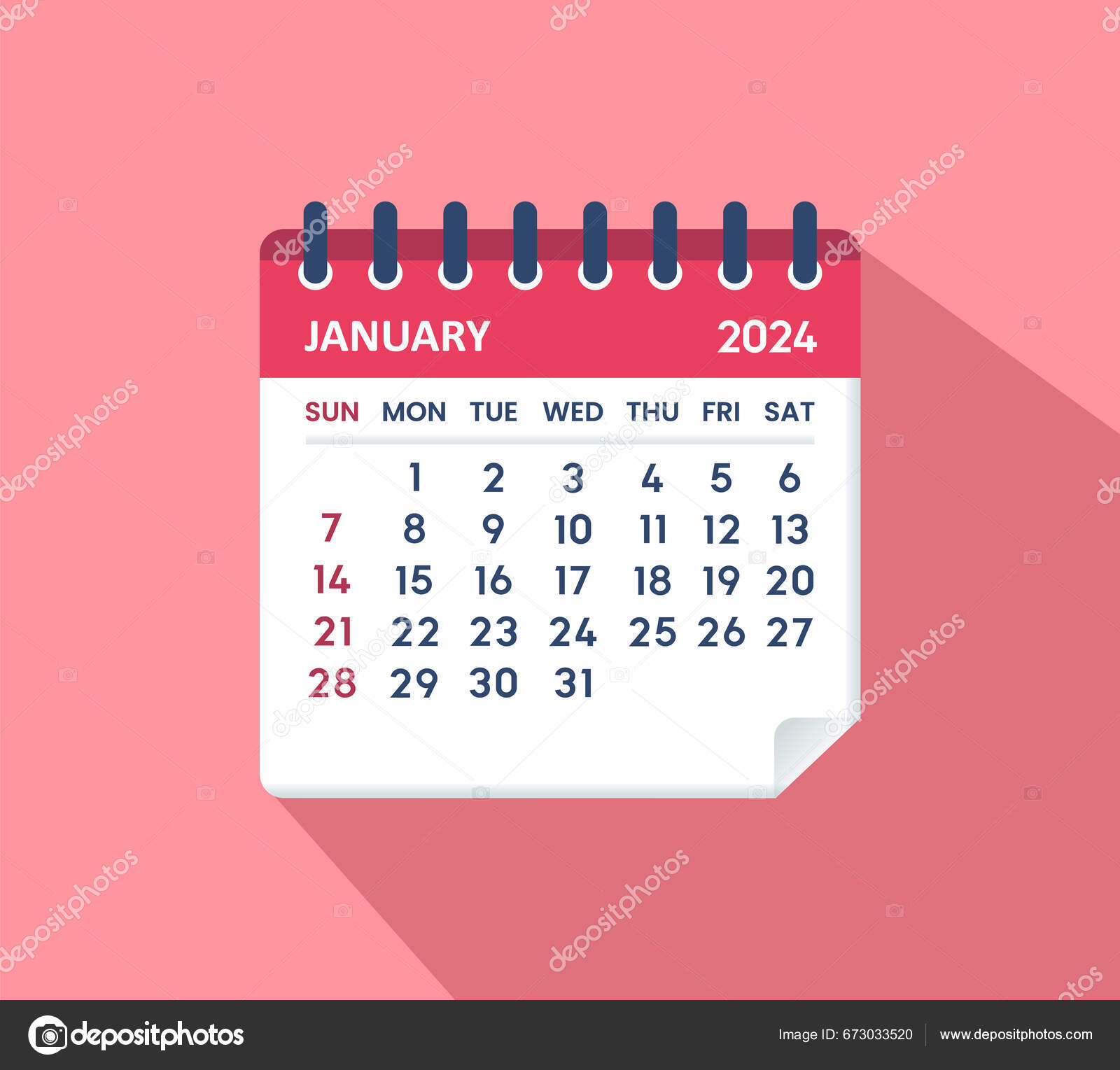 January 2024 Calendar Leaf Calendar 2024 Flat Style Stock Vector by