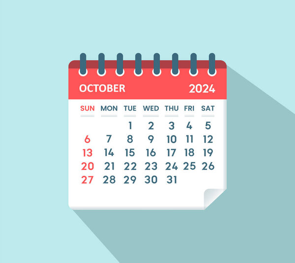 Октябрь 2024 Календарный лист. Календарь 2024 в плоском стиле