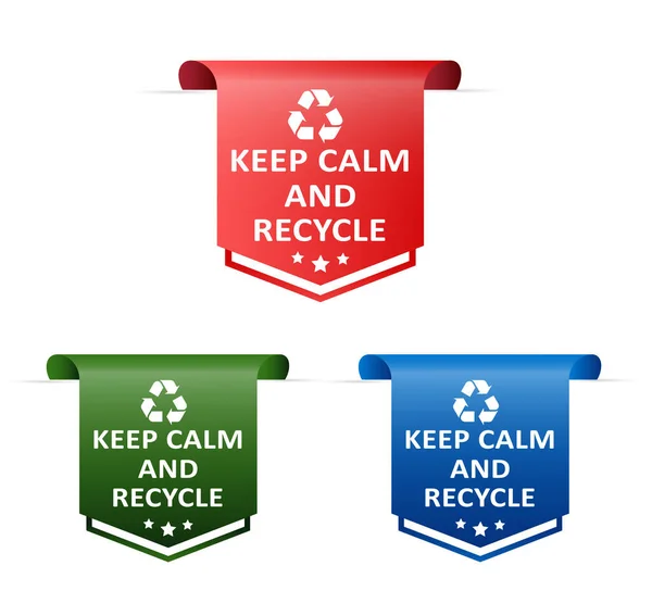 Rote Blaue Und Grüne Vektor Aufkleber Keep Calm Und Recycle — Stockvektor