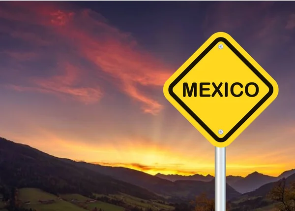 黄色い交通機関 メキシコの道路標識 バイオレットの空の背景で隔離 — ストックベクタ