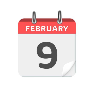 9 Şubat. Beyaz arkaplanda takvim simgesi. 