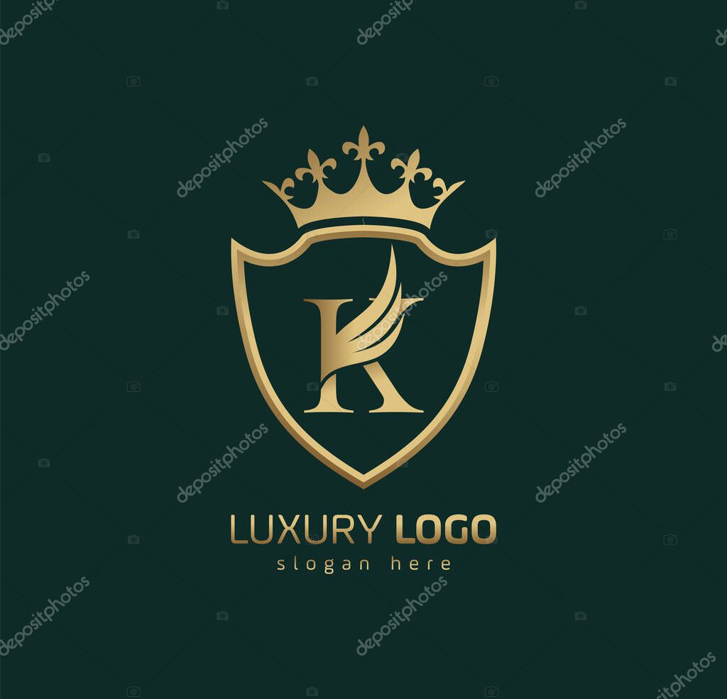 Luxury Crown K logo. Letter K wings logo.