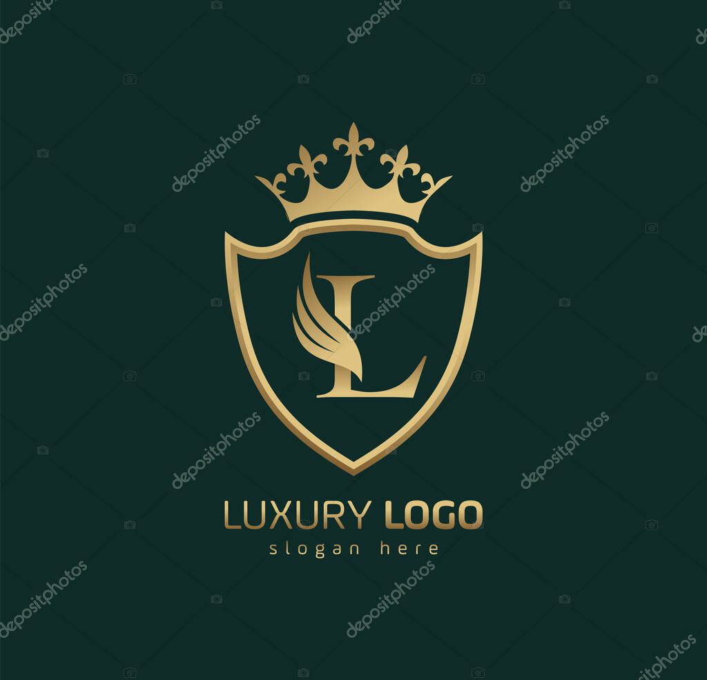 Luxury Crown L logo. Letter L wings logo.