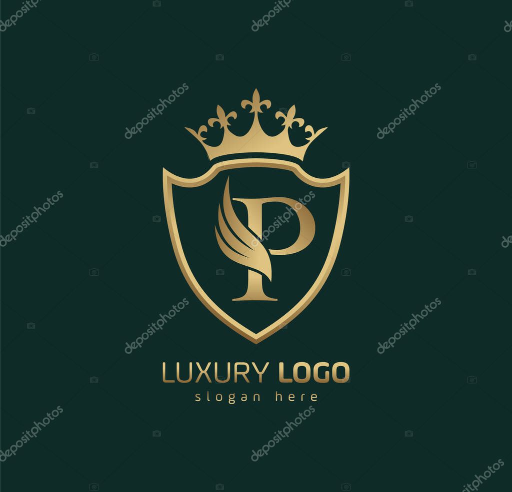 Luxury Crown P logo. Letter P wings logo.