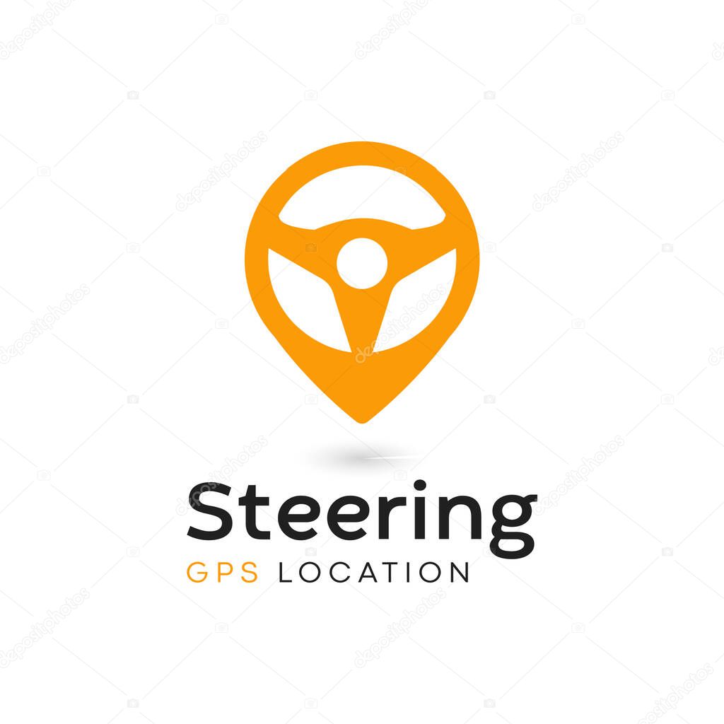 Steering wheel and gps locator symbol. Drive Point Logo. Location Pin Combined with Steering wheel icon