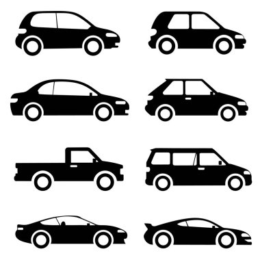 Çeşitli araçların yan görüntülerini gösteren siyah araba tipi siluetler.