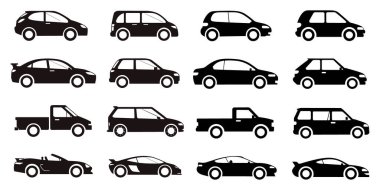 Çeşitli araçların yan görüntülerini gösteren siyah araba tipi siluetler.