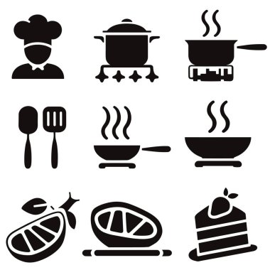 Yemek hazırlamayı temsil eden siyah mutfak ve yemek ikonları.