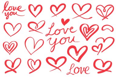 Sevgililer Günü için kırmızı el yazısıyla yazılmış aşk metinleri ve kalp karalamaları.