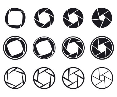 Farklı diyafram açıklıklarını gösteren kamera deklanşör simgeleri kümesi