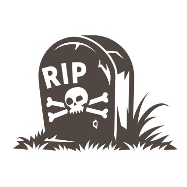 Kafatası, çapraz kemikleri ve RIP metni olan karikatür mezar taşı çizimi