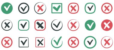 Doğru ve yanlış cevaplar için kırmızı haç ve yeşil işaretleme simgeleri kümesi