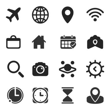 Set of black web interface glyph icons representing travel and settings concepts