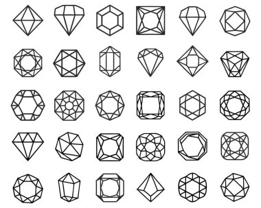 Mücevher tasarımı için siyah çizgi, geometrik elmas ve mücevher şekilleri.