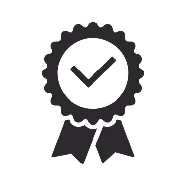 Black quality seal badge icon with check mark and ribbons