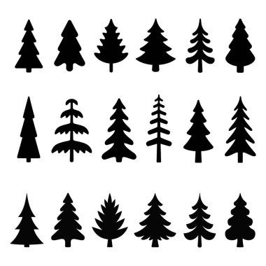 Çam ağacı siluetleri. Çam ağacı vektörü. Her zaman yeşil ağaç. Noel ağacı vektörü 