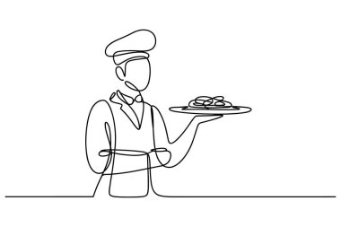 Şef sürekli yemek servisi yapıyor. Restoran vektör illüstrasyonu çiziyor.