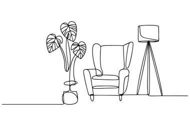 Minimalist tek sıra halinde vitrinler, rahat bir koltuk, uzun bir lamba ve saksı bitkisi çiziyor. Koltuk yüksek bir sırt ve koltuk örtüsüyle tasvir edilir. Lambanın üç ayaklı tabanı ve dikdörtgen gölgesi var. Saksı bitkisinin büyük, lobu var.