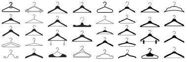 Izgara şeklinde gösterilen çeşitli elbise askılarının bir koleksiyonu. Askılar, basit tel askılardan daha dayanıklı plastik ve ahşap tasarımlara kadar çeşitli stilleri gösteren siyah ve beyaz siluetlerle tasvir ediliyor. Çeşit çeşit