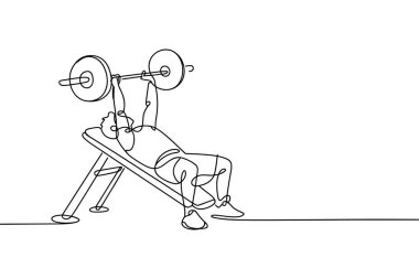 Göğüs presi yapan bir sporcunun minimalist çizimi. Görüntü, beyaz arka planda sürekli çizilen bir çizgi, ağırlık sırasına uzanan ve halteri kaldıran bir kişiyi gösteriyor. Sanatsal çalışmalar tek ve kesintisiz bir çizgi kullanır.