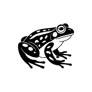 Göze çarpan siyah beyaz bir kurbağa silueti. Kurbağa, karakteristik şişkin gözleri, perdeli ayakları ve benekli deri deseniyle tasvir edilir. Silüetin net çizgileri ve katıksız kontrastı formu ve metni vurguluyor