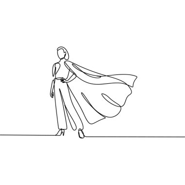 Tek bir çizim, bir eli kalçasında güvenli bir şekilde duran bir kadını gösteriyor. Etrafında dalgalanan dramatik bir pelerin giyiyor. Eserler minimalist siyah-beyaz bir arka grup üzerinde ana hatlarıyla oluşturulmuştur.