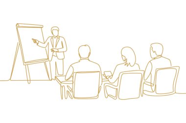 Aralıksız bir çizim bir iş sunumunu gösteriyor. Takım elbiseli bir adam bir tablonun yanında durur, onu gösterir, önünde oturan üç kişi ise, yüzünü izleyiciye çevirir. Seyirci sunumla ilgileniyor gibi görünüyor.