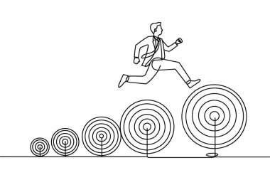 Bu tek çizgi, beş eşmerkezli çemberin üzerinden atlayan ve hedeflere benzeyen takım elbiseli bir işadamını gösteriyor. Daireler soldan sağa doğru büyüdükçe, işadamı en büyüğünün üzerinden atlıyor. Çizgi sanatı.