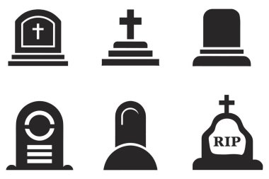 Beyaz arkaplanda altı farklı mezar taşı simgesinden oluşan bir koleksiyon sergilenmektedir. Her bir simge, farklı mezar taşlarını temsil eden koyu siyah bir siluettir. Bunlar; haçlı geleneksel dik taşlar, yuvarlak üst taşlar ve bir taş.