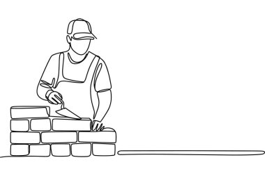 Bu çizgi çiziminde bir inşaat işçisi var. Tuğla duvar inşaatında aktif olarak çalışan tulumlu ve şapkalı. İşçi elinde tuğla döşemek için çimento döşeyen bir mala tutuyor. Duvar kısmen inşa edilmiş, kovanın ilerlemesini gösteriyor.