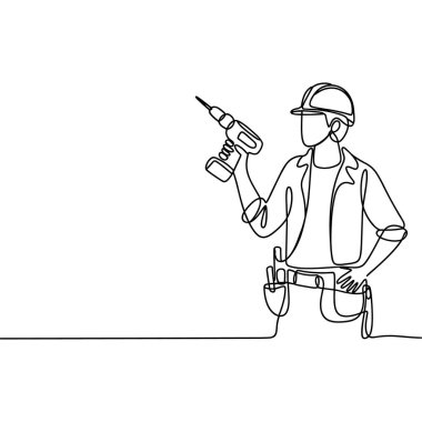 Bir inşaat işçisinin sabit bir şapka ve alet kemeri takıp, elinde matkap tutan tek bir çizgisi. İşçi profilden tasvir ediliyor, sağa bakıyor. Biçimi minimalist ve temiz, beyaz bir çizimle sunuluyor. 