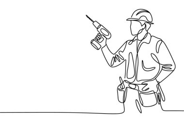 Bu resim, iş kıyafetleri ve şapka takan bir inşaat işçisinin tek sıra çizimi. İşçi sağ elinde yukarı bakan bir matkap tutuyor. Bellerinde kesesi olan bir alet kemeri görülebilir. Şekil tasvir edilmiş.