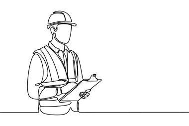 Bir inşaat işçisinin sürekli çizdiği bir çizim. Kasketli ve güvenlik yeleği giymiş, elinde bir pano tutan. İşçi profilden gösteriliyor, sola bakıyor, panoyu inceliyor. Minimalist stil bir wh üzerinde temiz bir özet içerir