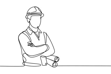 Minimalist bir çizim, kolları bağlı, sıkı bir şapka ve güvenlik yeleği giyen bir inşaat işçisini gösteriyor. İşçi elinde iki adet yuvarlanmış plan tutuyor. İllüstrasyon, bir beyaza karşı tek bir sürekli siyah çizgi şeklinde gösterilir.