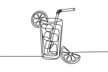 Bu, içinde buz küpleri ve pipet bulunan uzun bir bardağın sürekli çizimi. Bir dilim limon bardağın kenarını süslüyor ve yanına yarım dilim daha yerleştiriliyor. Sanat eserleri, beyaz bir arkaplana karşı tek ve kesintisiz bir çizgide hazırlanır..